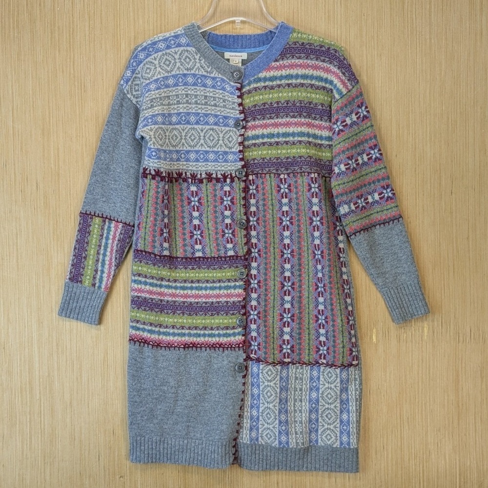 Sundance Womens Fair Isle Patchwork Cardigan Sweater Size S Longline Merino Wool